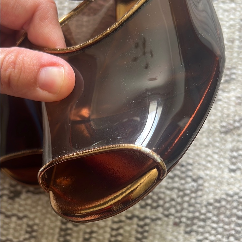 Marc Jacobs Metallic Bronze and Brown PVC Peep-Toe Block Heel / Wedge Sandals - Picture 8 of 10